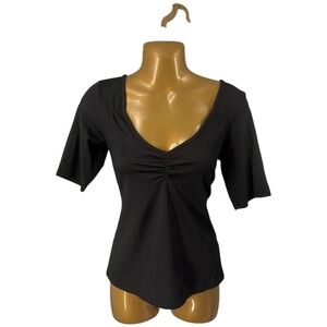G by GUESS Black Ribbed V Neck Ruched Top Womens M Fitted Stretch Going Out
